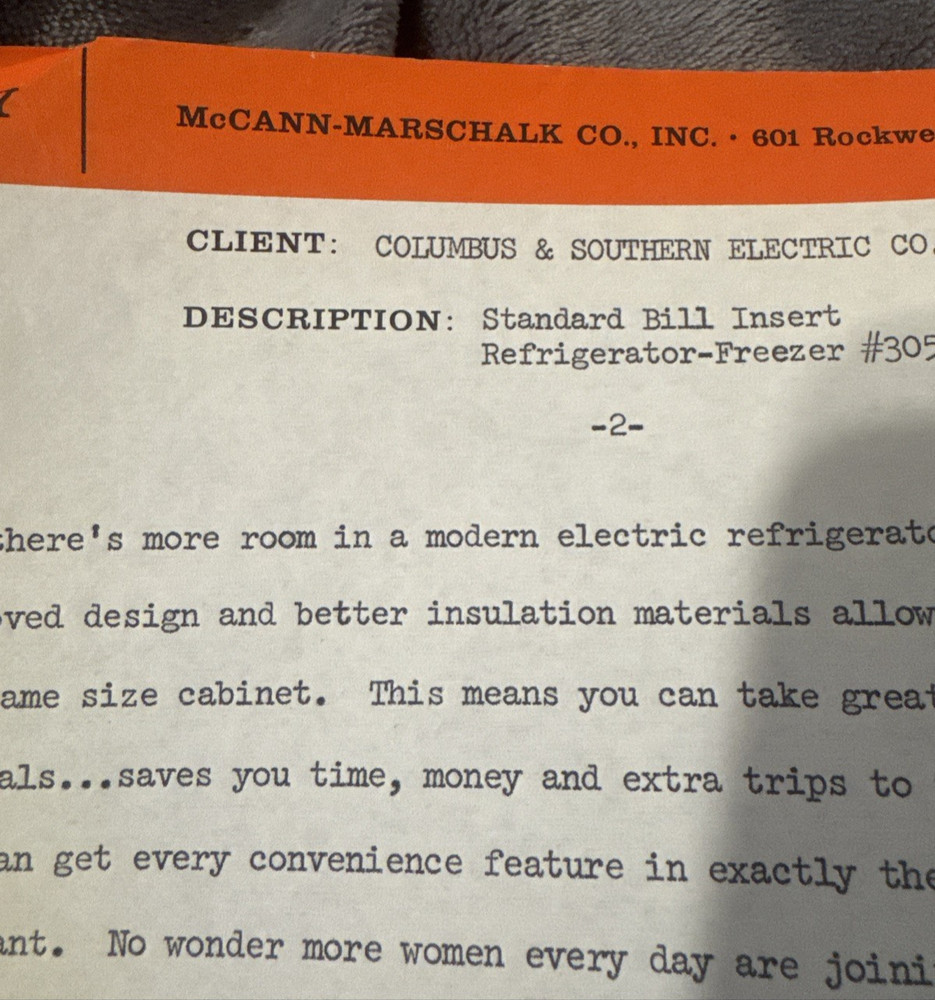 AD COPY TV SCRIPT 1965 McCANN-ERICKSON Ohio Modern SELF-DEFROSTING REFRIGERATOR