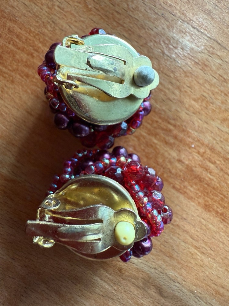 Pair Ruby Red Bead Knot Clip Earrings 7/8"dia.
