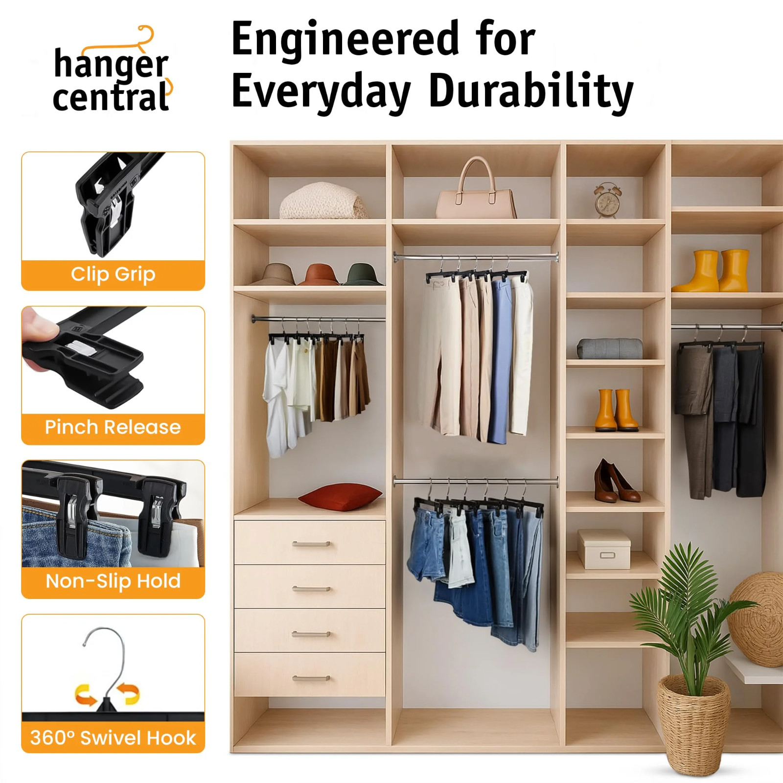 Hanger Central Black Plastic Pants Hangers 10 Pack 10 Inch w/ Clips Heavy Duty