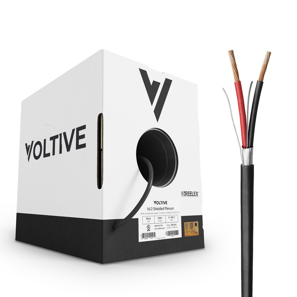 Voltive 16/2 Shielded Low Voltage Wire, Plenum CL3P, Black, 500ft