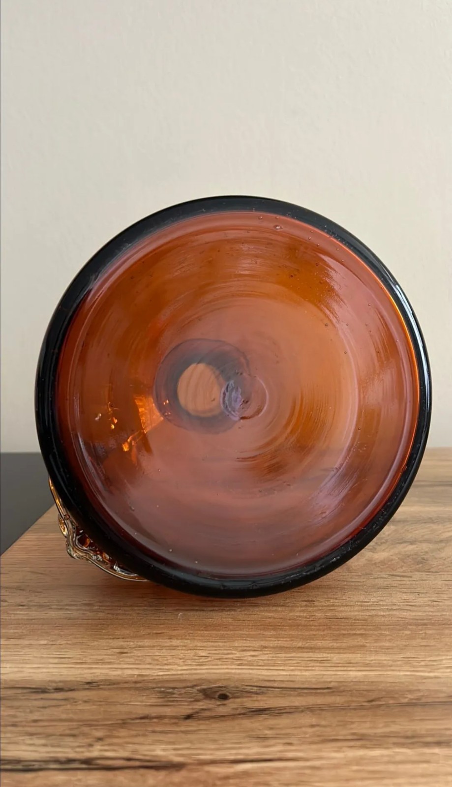 MCM Glass Amber Decanter with Fleur De Lis Applied Design