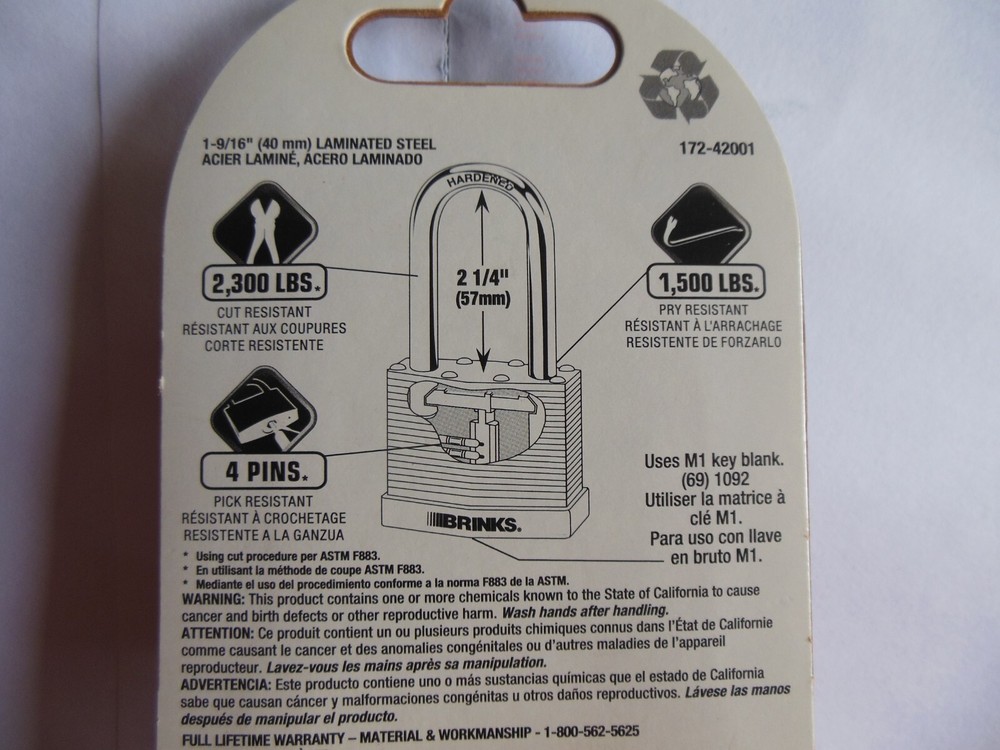 Brinks* High Security * Keyed Padlock* Long Shackle *FREE SHIPPING