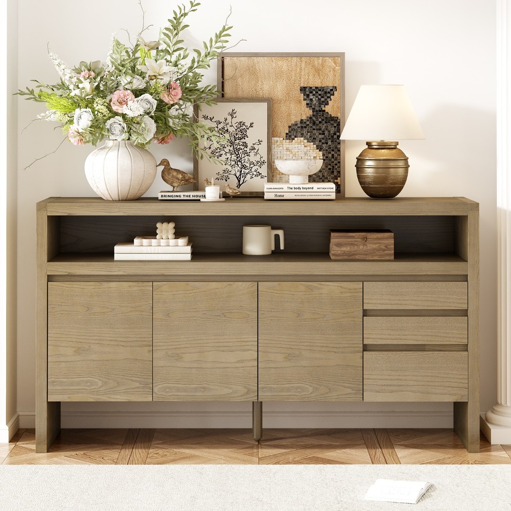 60" Modern Solid Ash Veneer Sideboard (3 Doors+3 Drawers, Semi-Open Shelf