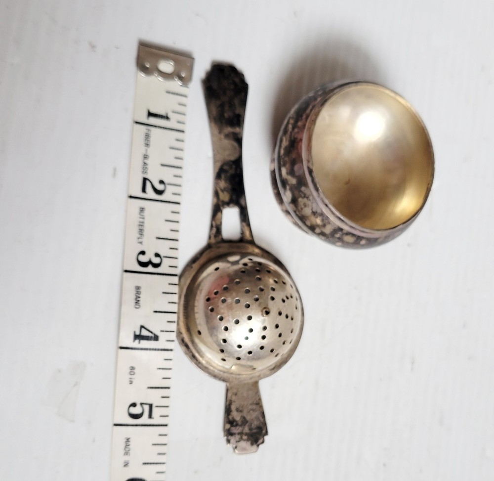 Vtg Loose Tea Bag Strainer Basket Silver Plated Spoon Cup w/ Rest Stand England