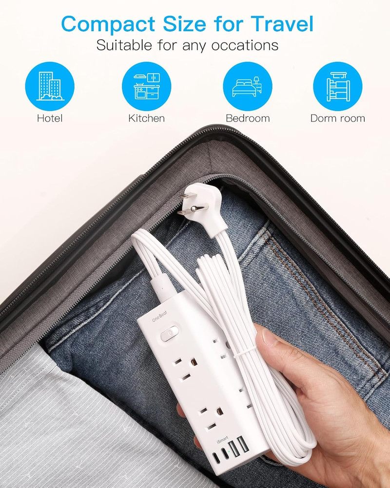 15Ft Extension Cord with Multiple Outlets, Flat Plug Power Strip Surge Protector