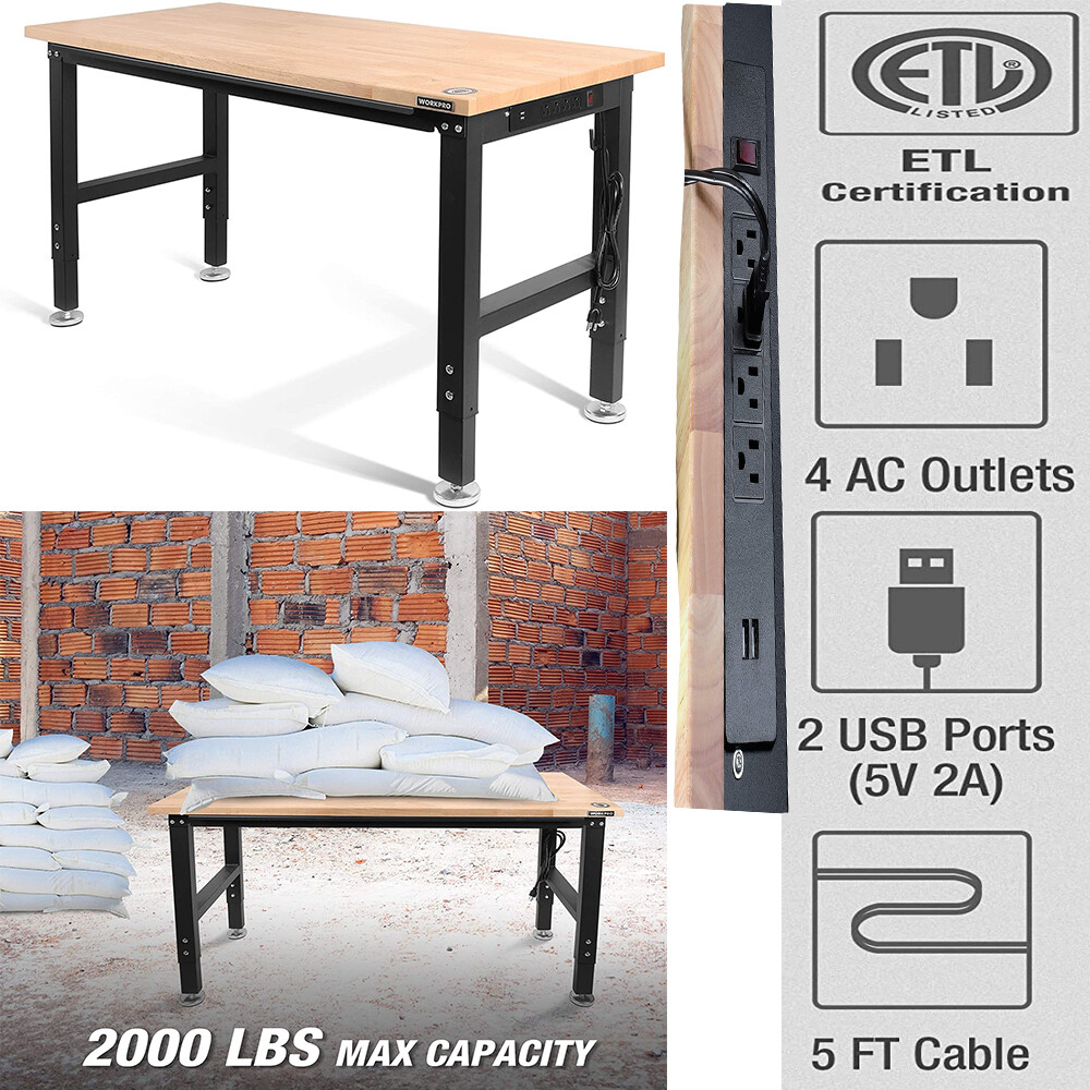 48" Adjustable Workbench 2000 LBS Load Capacity with Power Outlets Heavy-Duty