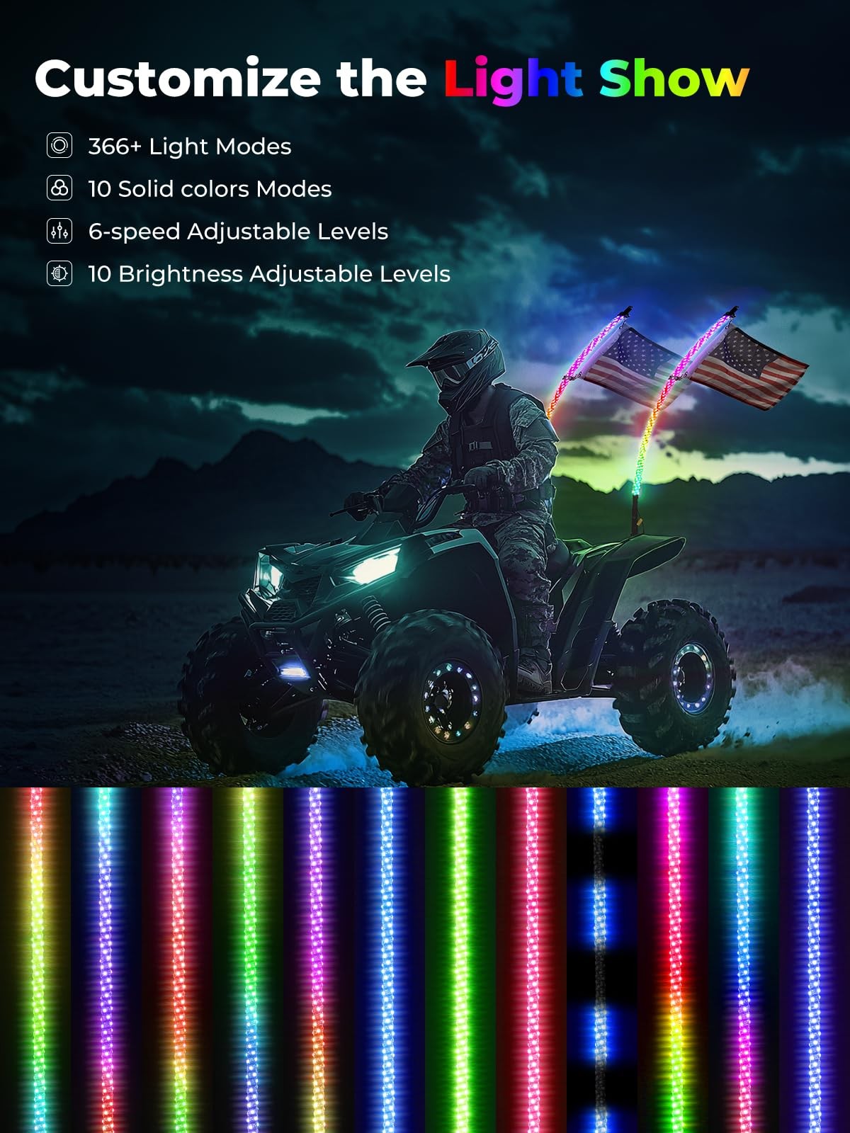 KEMIMOTO 2pc 3ft Bluetooth RGB LED Whip Lights for UTV ATV, Turn Signal Function