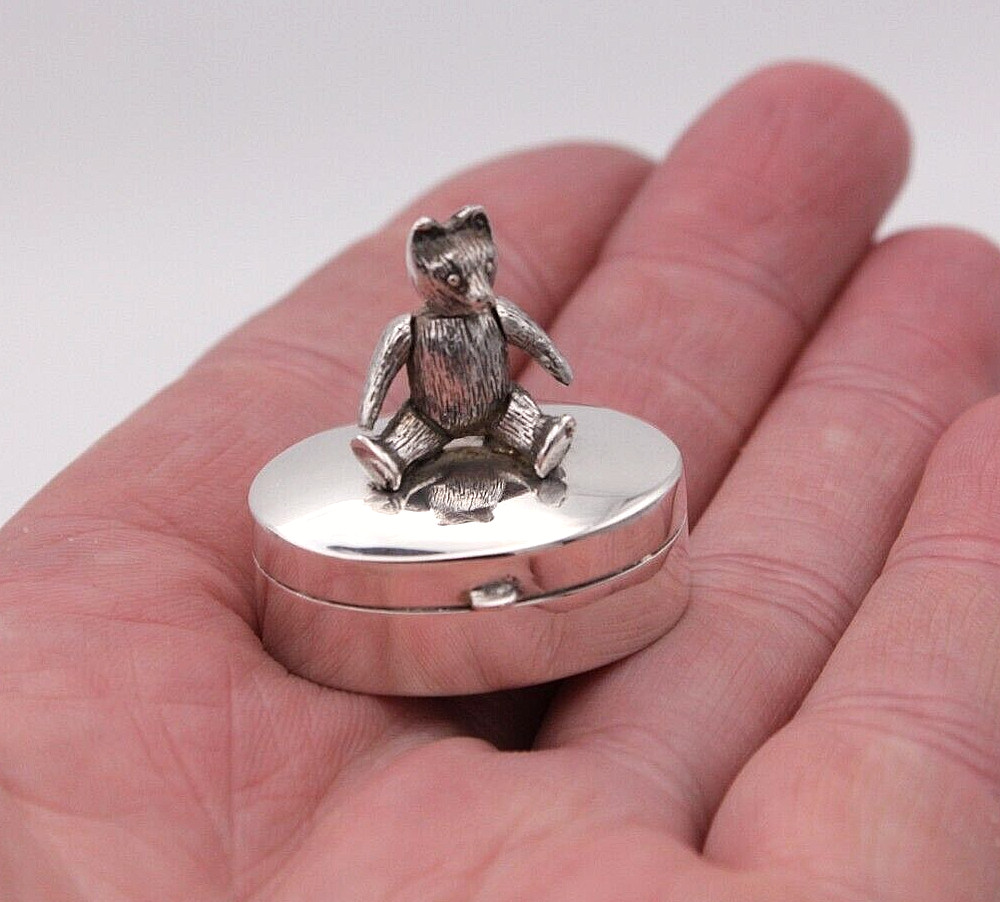 Sterling Silver Teddy Box With Movable / Posable Teddy London 2000