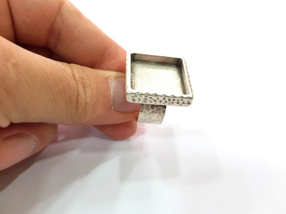Square Ring Blank Setting Cabochon Base inlay Bezel Adjustable Antique Silver