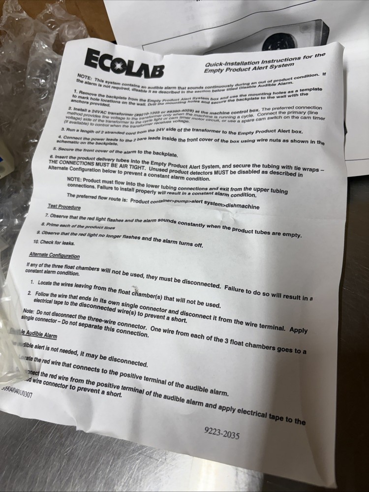 Ecolab Empty Product Alert System 92231011