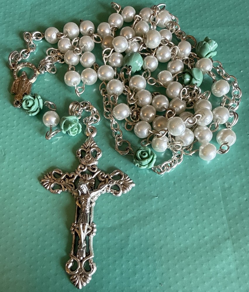 Italian Crucifix Rosary White Faux  Pearl Beads Turquoise Rose Beads Italy  38”