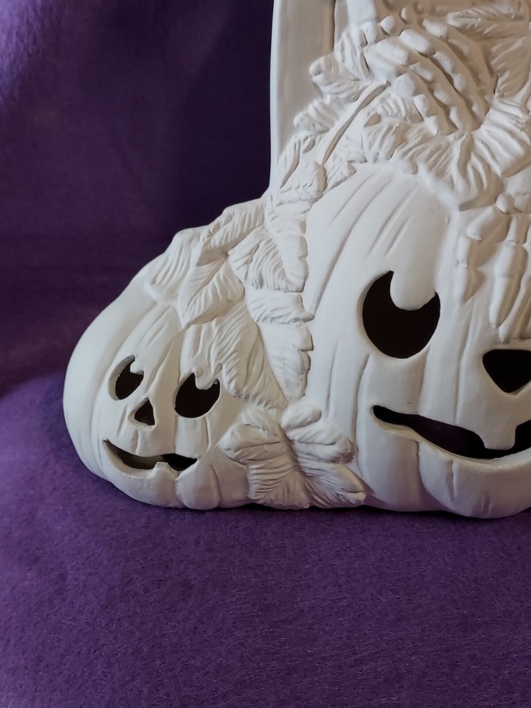 Ceramic Bisque ~ Ready to paint~ Skeleton, gravestone and Pumpkins & light kit