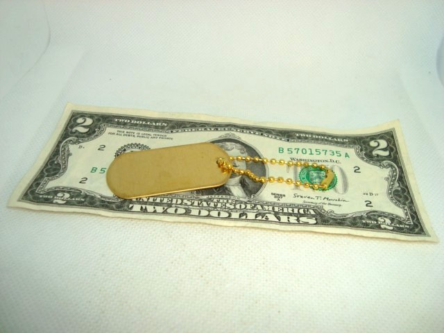 BRASS Military Style Rolled Edge Dog Tag Yellow Brass Finish 4.5" in. Gold Chain