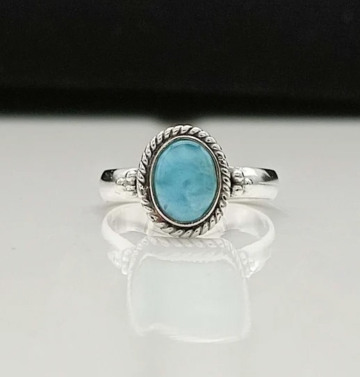 Solid 925 Sterling Silver Natural Larimar Oval Gemstone Rope Border Band Ring