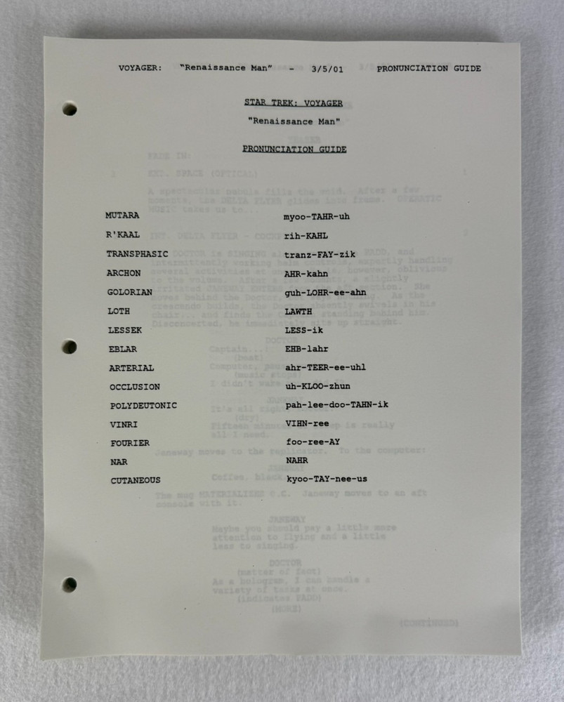 Star Trek Voyager “Renaissance Man” Final Draft Original Studio Script 03/05/01