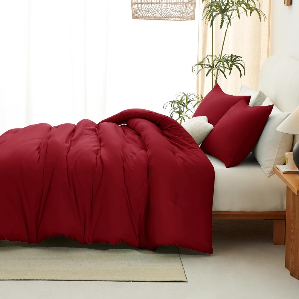 King Size Solid Comforter Set Dark Red 1 Comforter & 2 Pillowcases Quilted Soft