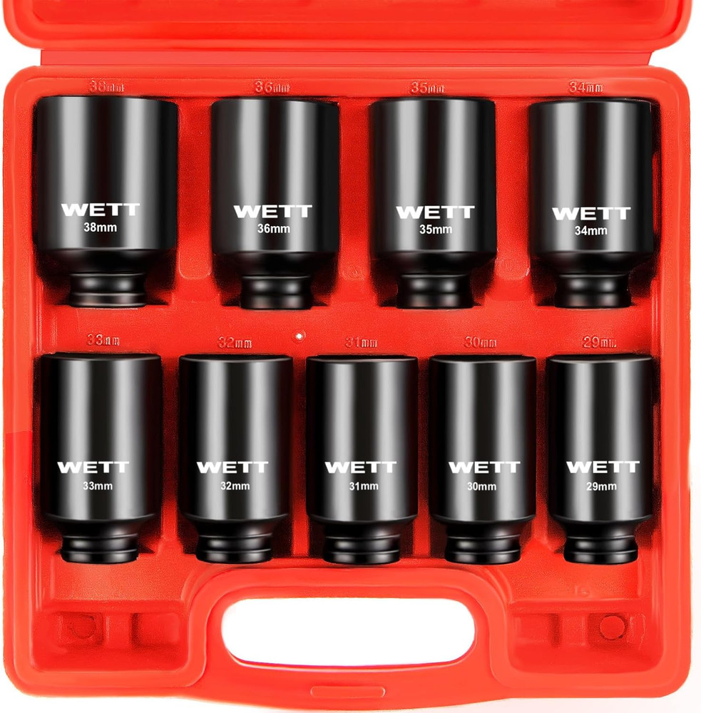 1/2" Drive Deep Large Impact Socket Set, 9-Piece Spindle Axle Nut Metric 6 Point