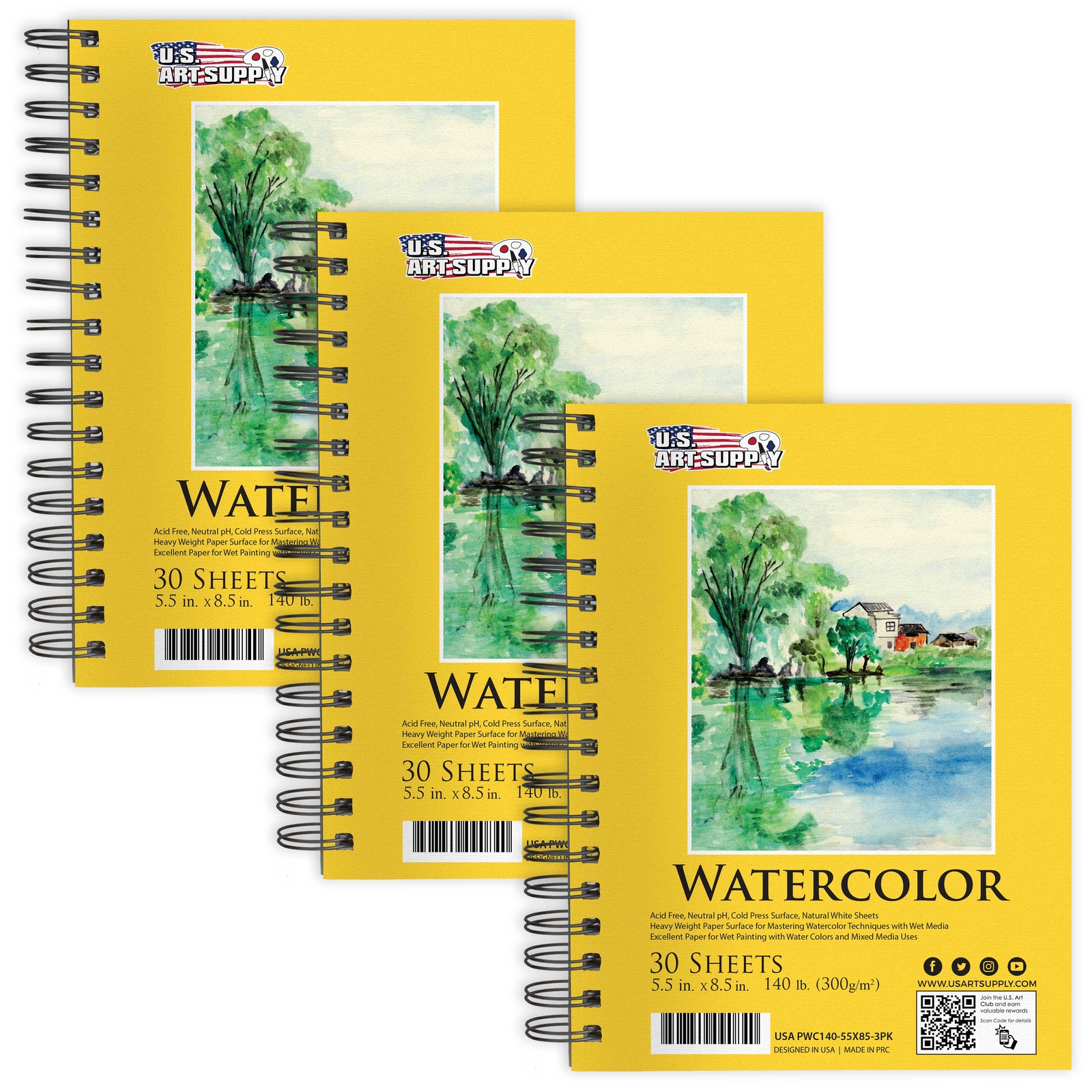 5.5" x 8.5" Watercolor Painting Paper Pads, 3 Pads, 30 Sheets Each, 140lb 300gsm