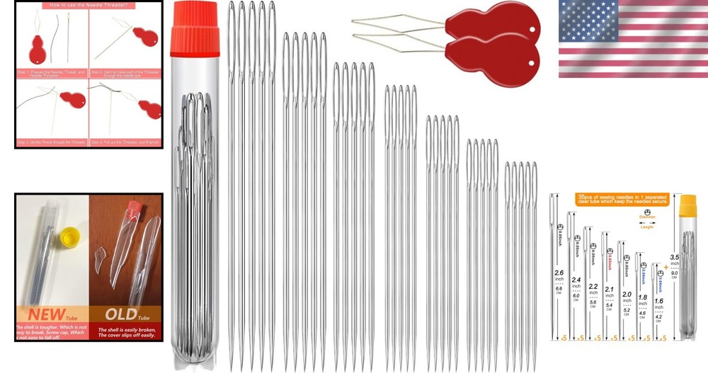 Large Eye Sewing Needles with Threaders, Assorted Sizes, 35pcs
