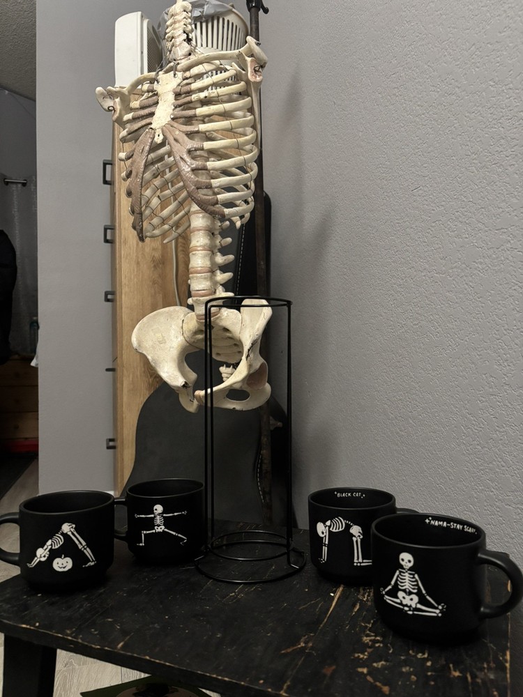 Prima Design Halloween Coffee Mugs Skeleton Yoga Pose 4 Set Stackable Caddy