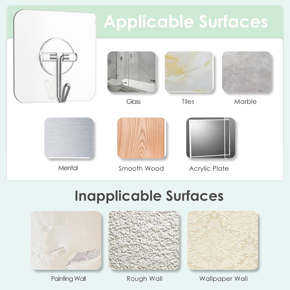Adhesive Wall Hooks for Hanging, Clear Removable Window 13 lb