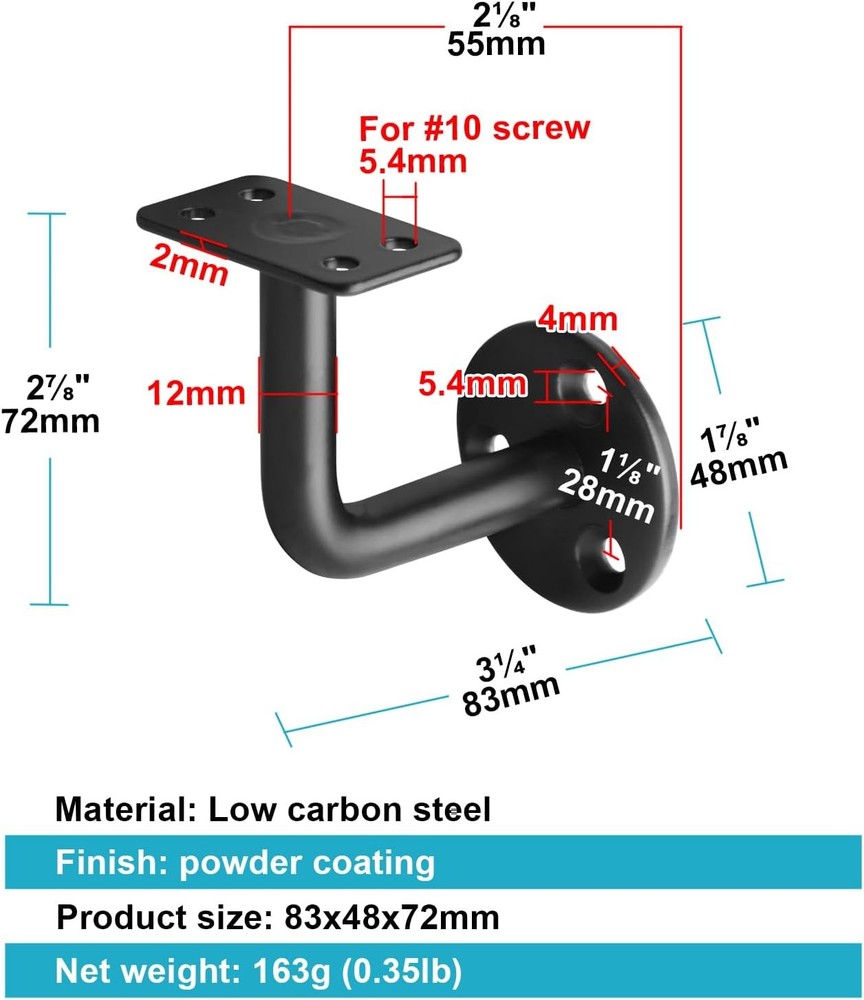 8 Pack Black Wall Mount Handrail Bracket for Flat Surface Square Top Railing ...