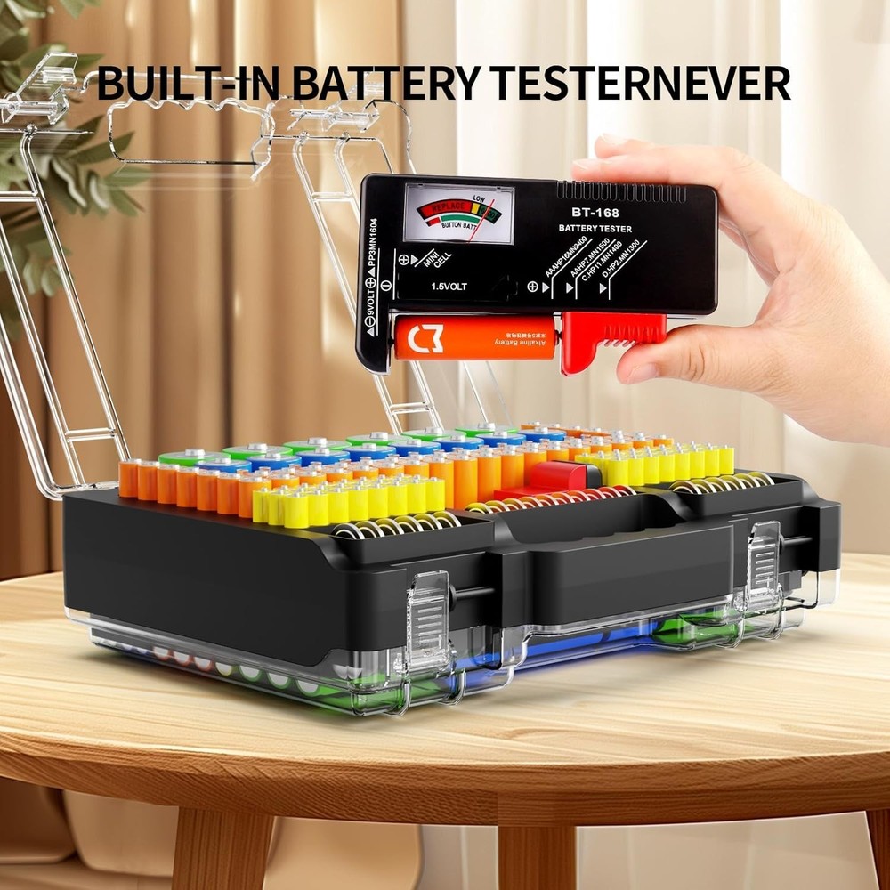 Versatile Battery Storage Organizer - Holds Multiple Sizes and Includes Tester