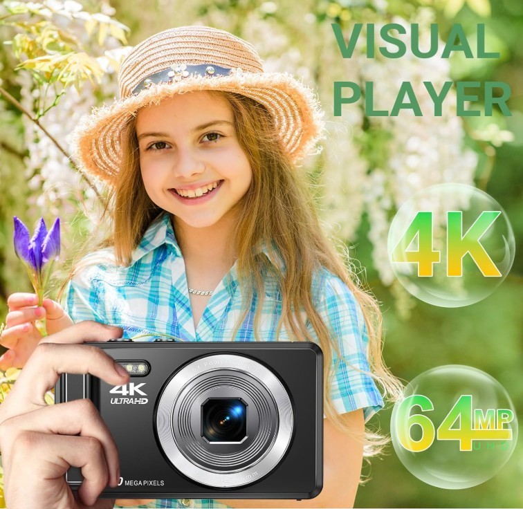 Digital Camera 4K 64MP Autofocus with 32GB SD Card, 2.8" Screen Compact