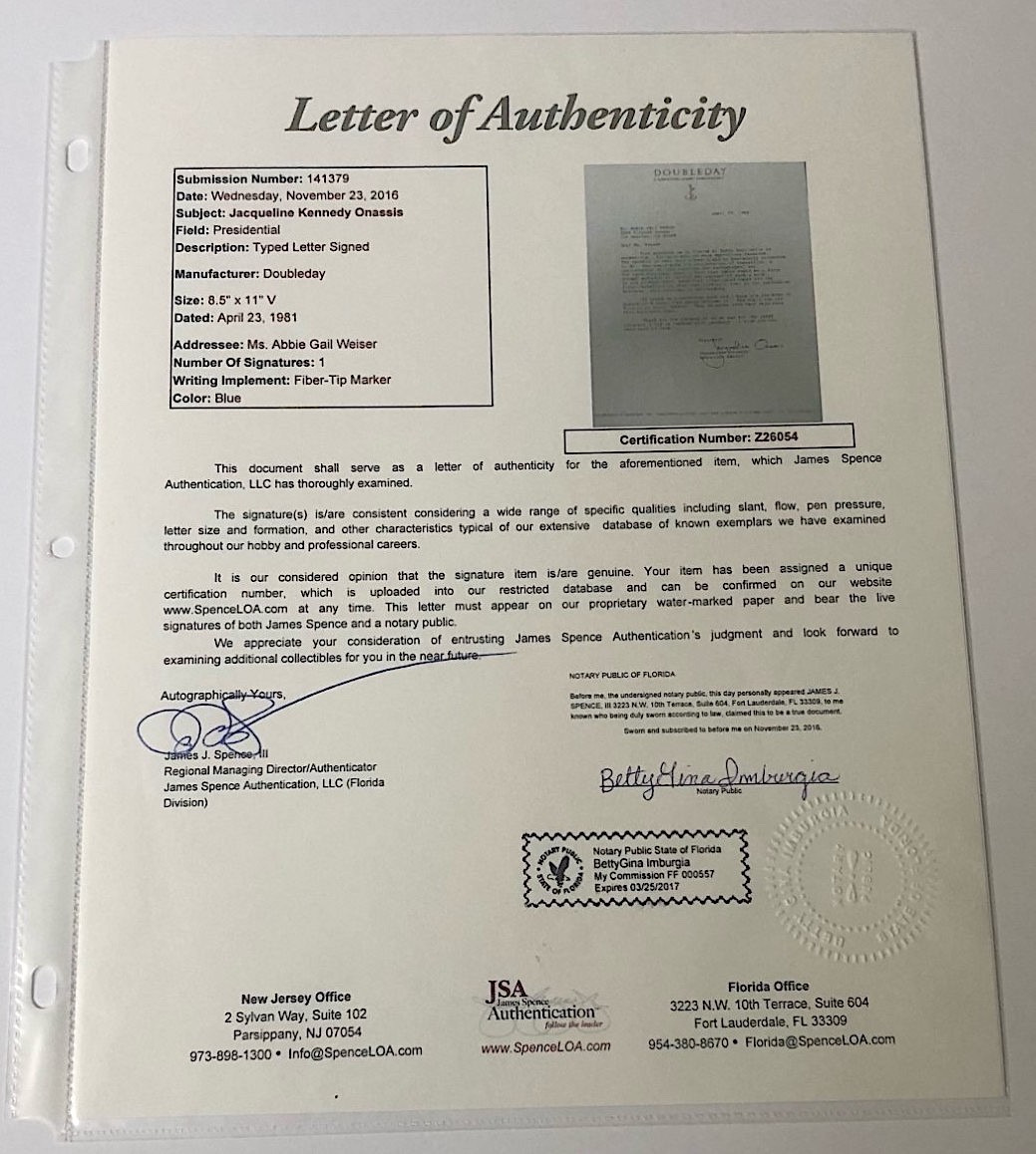 JACKIE KENNEDY JSA SIGNED LETTER RE: VERSAILLES/ JOHN F. KENNEDY WIFE/ AUTOGRAPH