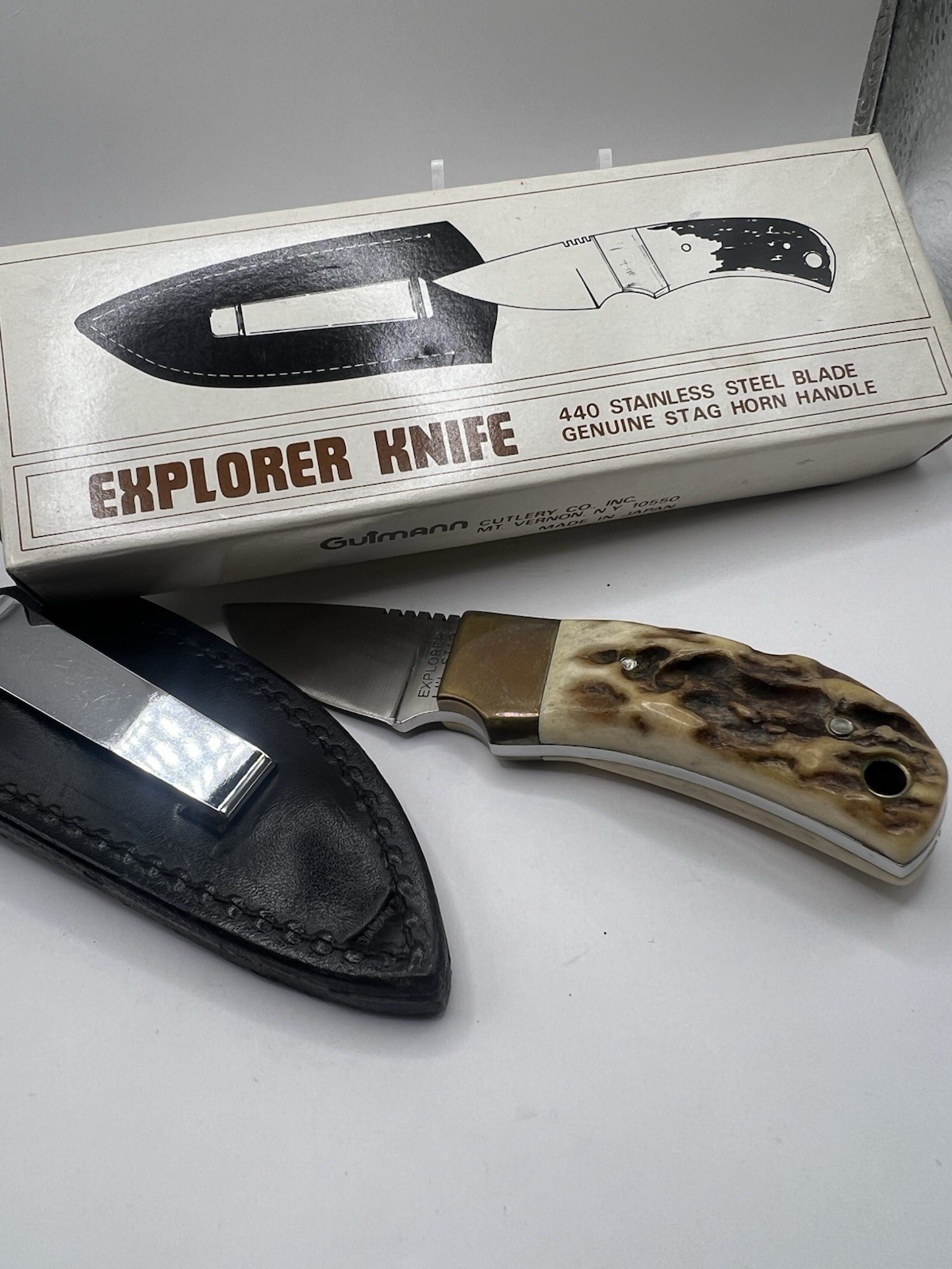 Gutmann Explorer vintage stag horn handle knife with box sheath