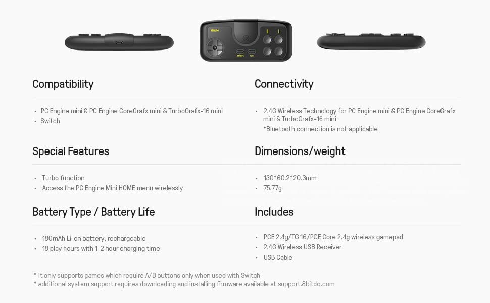 8Bitdo PCE Core 2.4G Wireless Gamepad for PC Engine Mini & TurboGrafx-16 Switch
