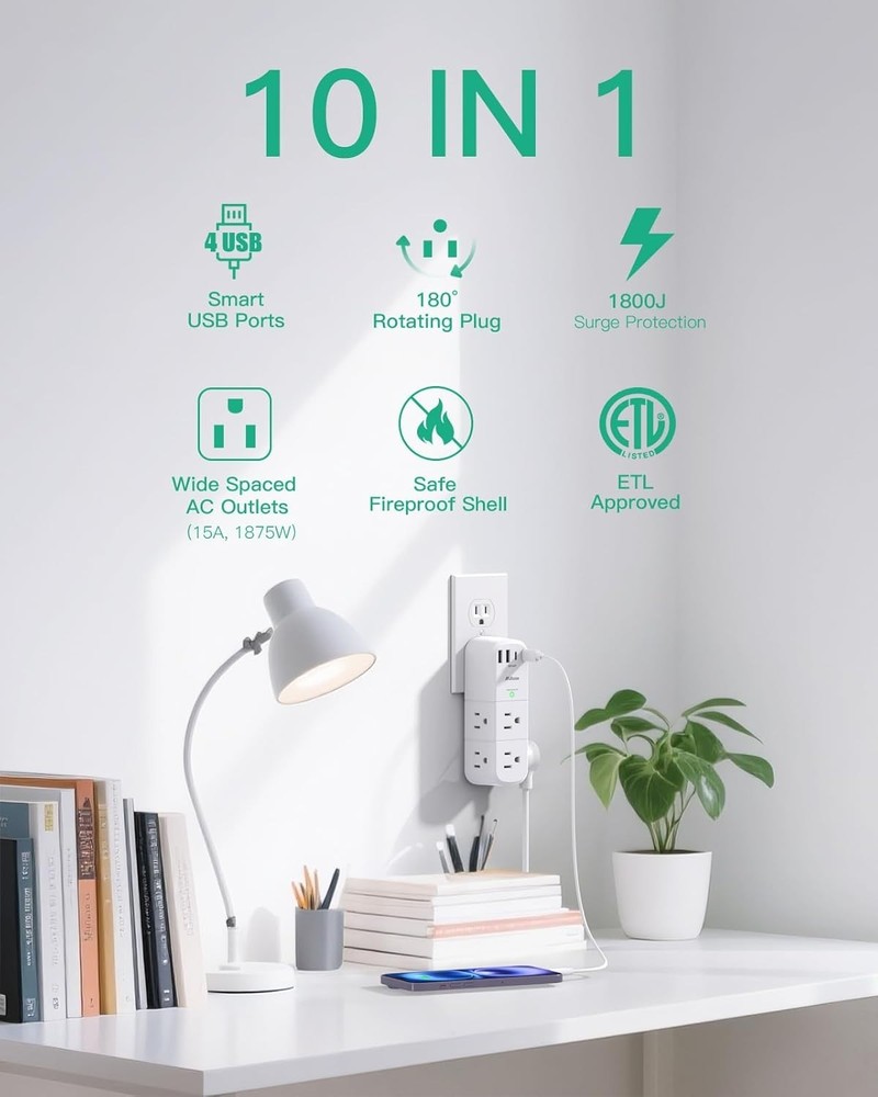 Compact Surge Protector Power Strip with Rotating Plug and 10-in-1 Functionality