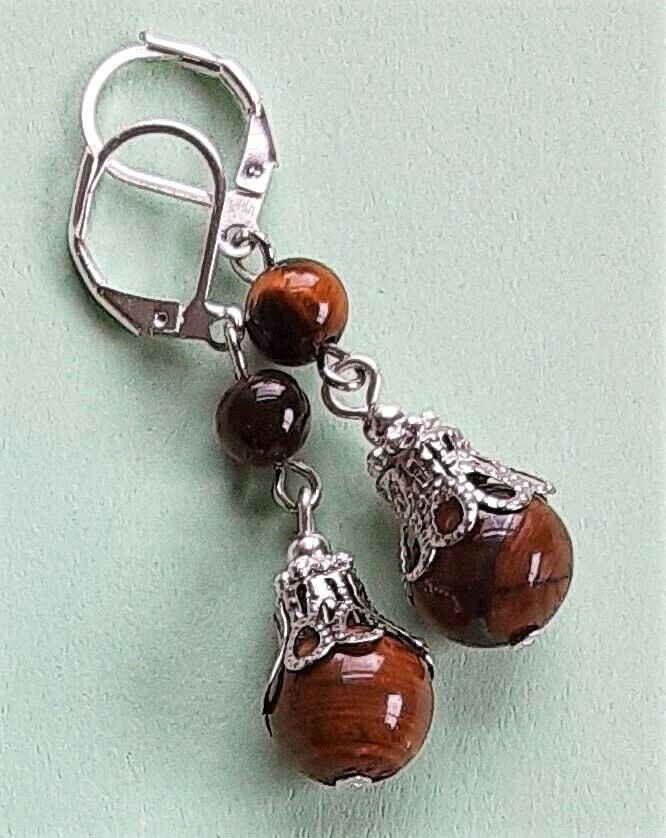 double TIGERS EYE dangle earring SP LEVERBACK artisan