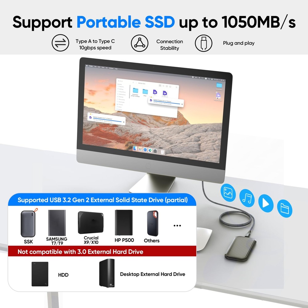 USB C Data Cable 3ft, USB 3.1/3.2 Gen 2 A to Type C 10Gbps High Speed Data Tr...