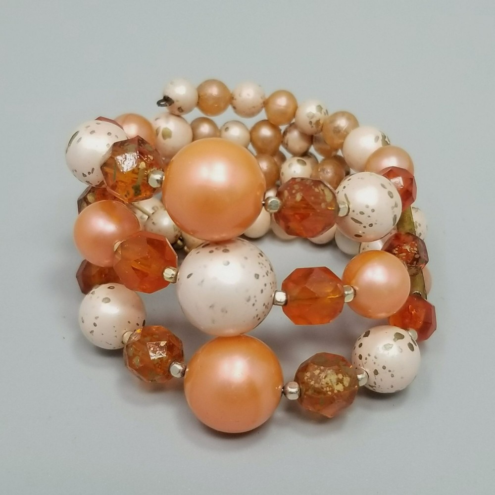 Vintage Orange Plastic Beaded Bangle Bracelet Cuff Memory Wire Three Row