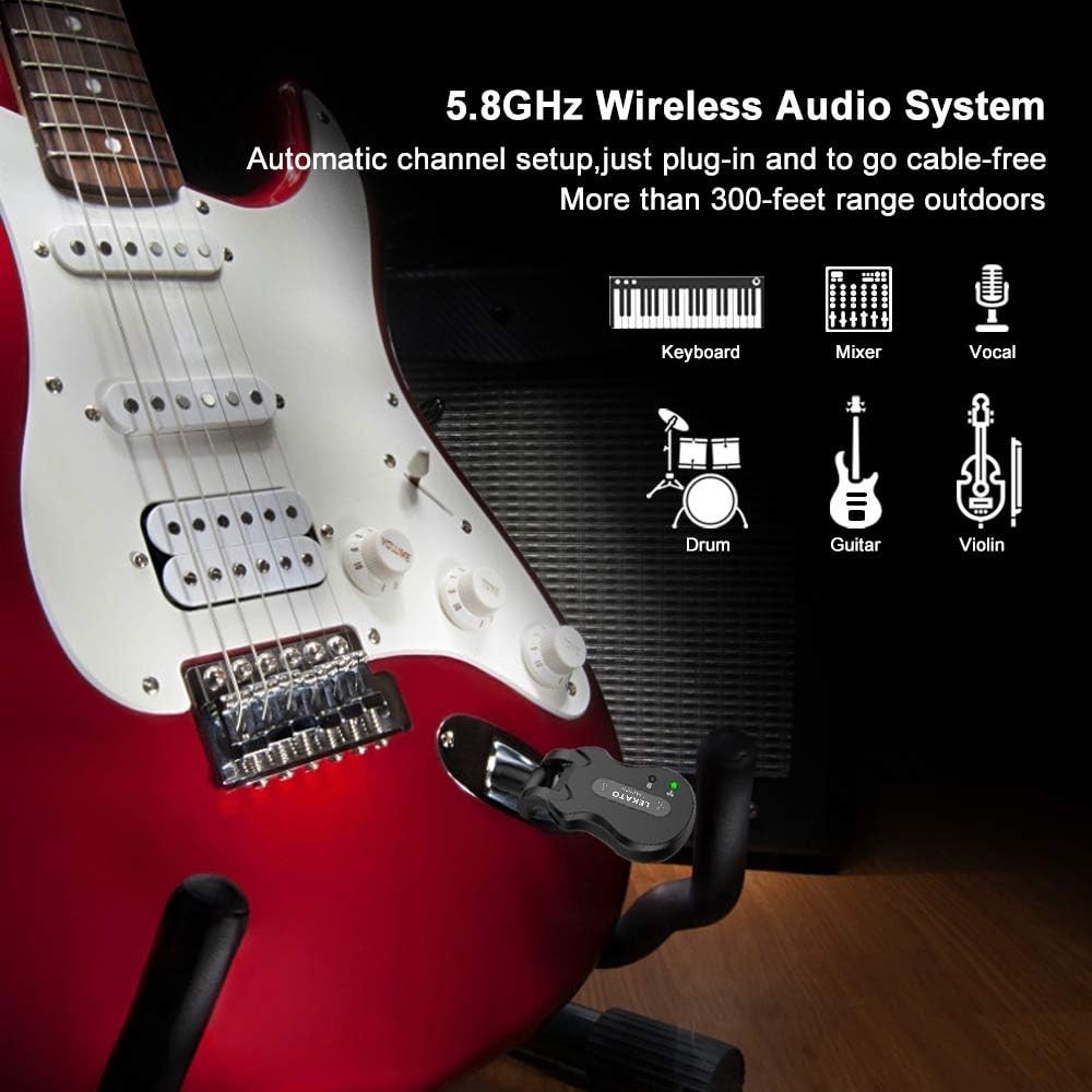 Rechargeable Wireless Guitar Transmitter & Receiver - 4 Channels, 100ft Range
