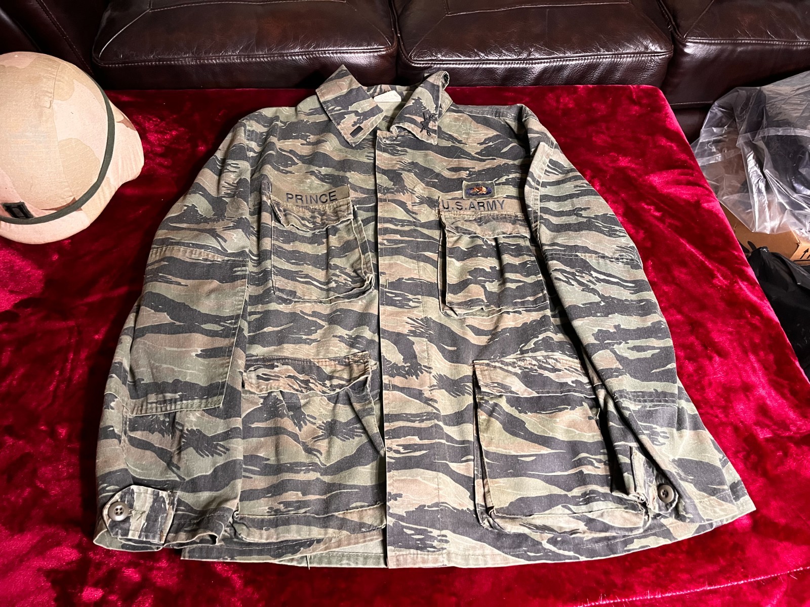 PASGT Helmet Cover Battle Damaged Iraq Desert Storm and OPFOR Shirt US Army OBO