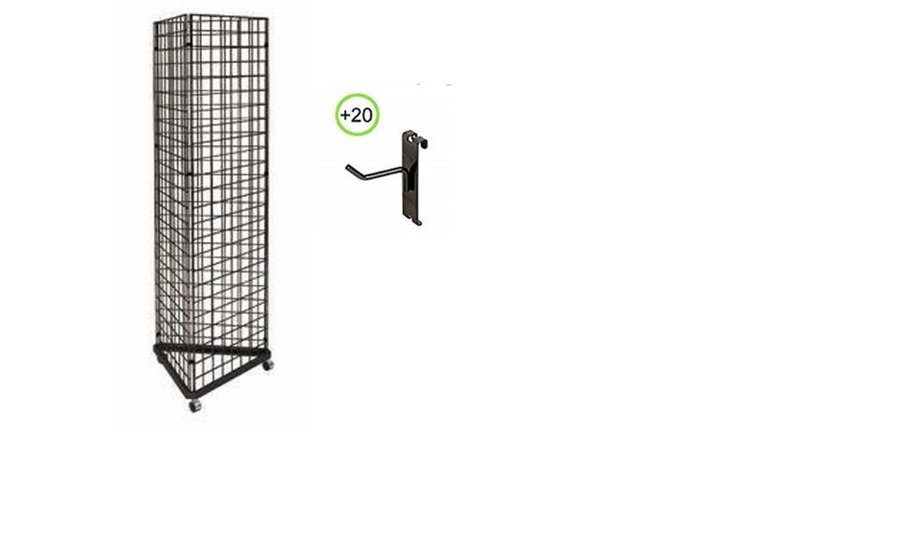 New!  3-Sided Gridwall Triangle Display + 20 Pcs. 6" Gridwall Hooks - Black