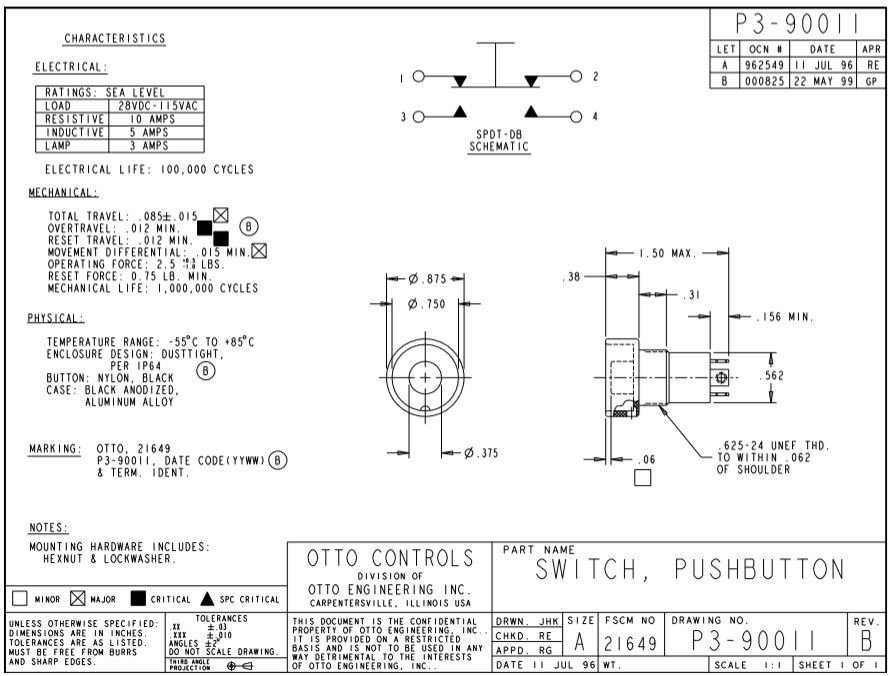 SWITCH, PUSH BUTTON (MOMENTARY) OTTO CONTROLS P/N P3-90011 -TRANSIT SURPLUS