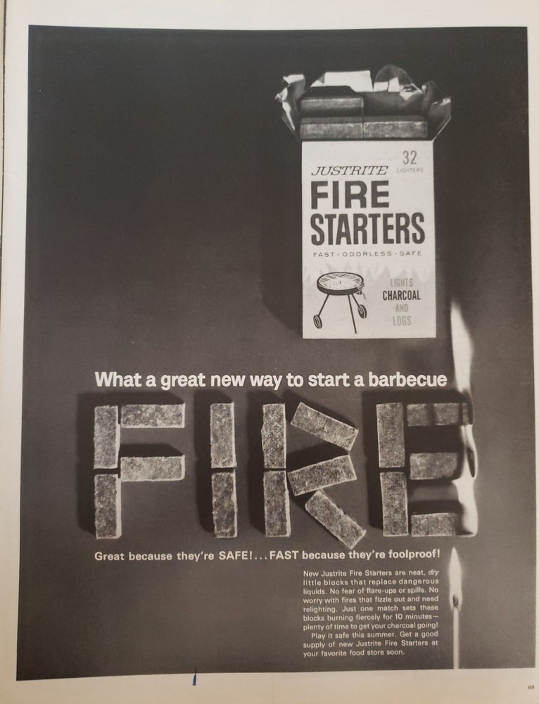 Justrite Fire Starters Print Ad 1963 Ephemera Wall Art Decor Oderless BBQ