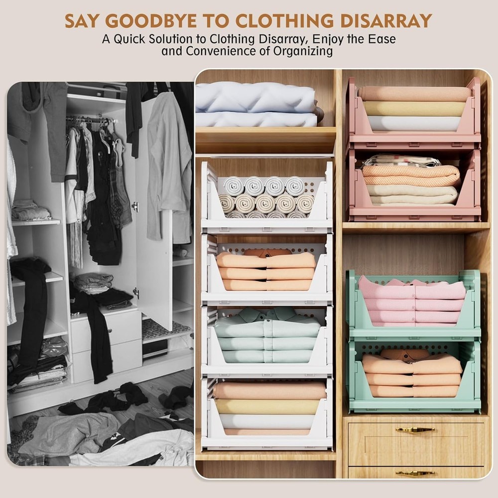 SNSLXH 5 Pack Foldable Closet Storage Baskets Stackable White for Bathroom
