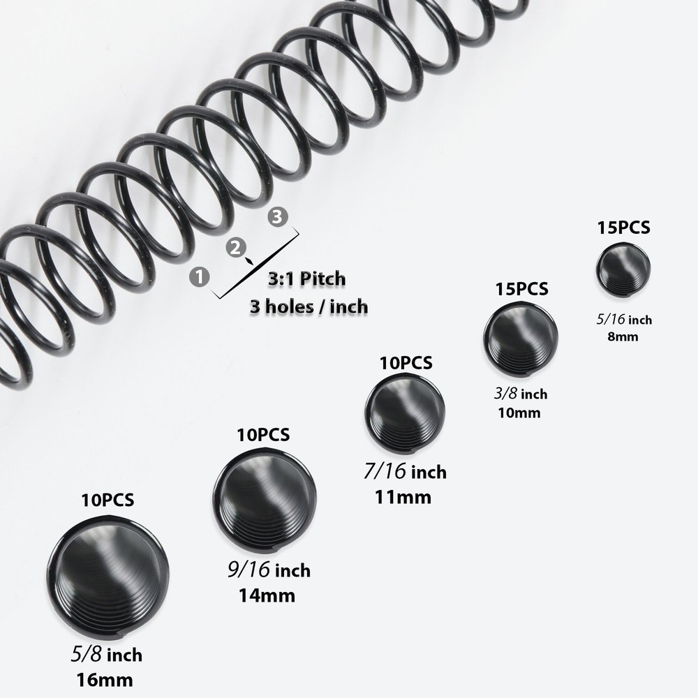 60 Pack Plastic Spiral Binding Coils Multi-Size 31 Pitch Black Spirals