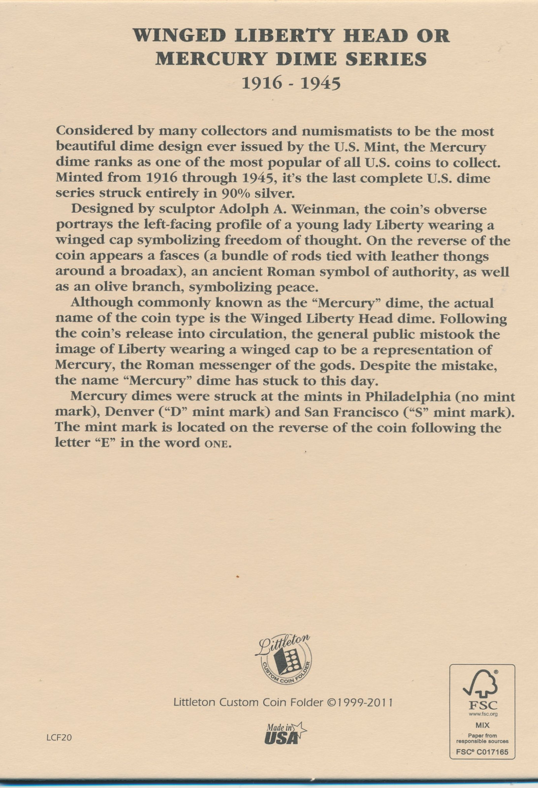 Littleton Coin Folder LCF20 Mercury Dime 1916-1945 Book / Album 10 cent