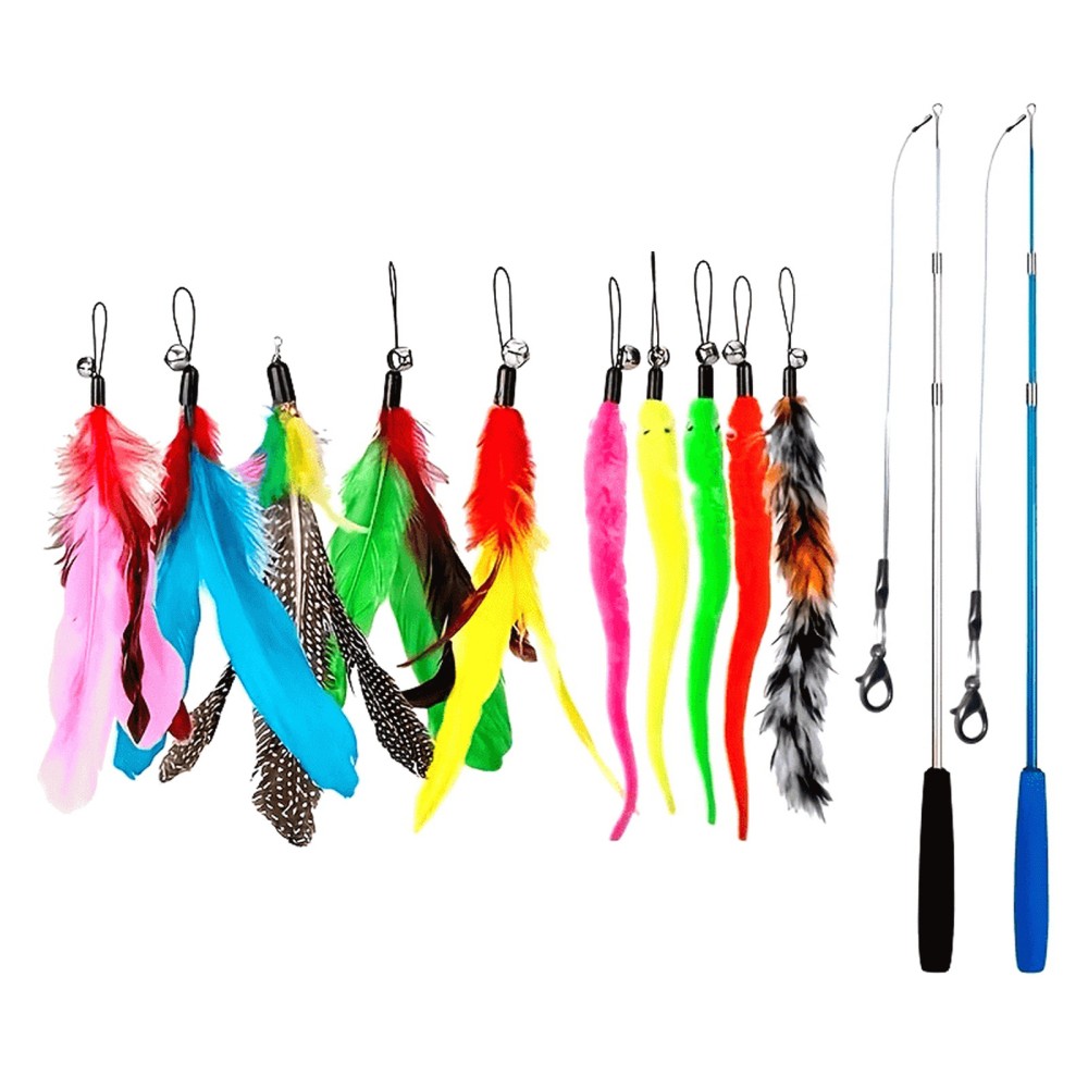 12x Interactive Cat Feather Toy Bell Kitten Retractable Wand Teaser Refills Set