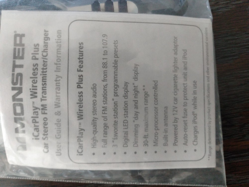 Monster iCarPlay Wireless Plus FM Transmitter, 30 Pin Charger for iPod / iPhone