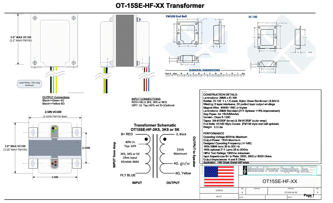 Pair of OT15SE-HF-3K5UL SE HiFi Output Xfmr 3K5 x 4/8Ohm 40%UL 65mADC