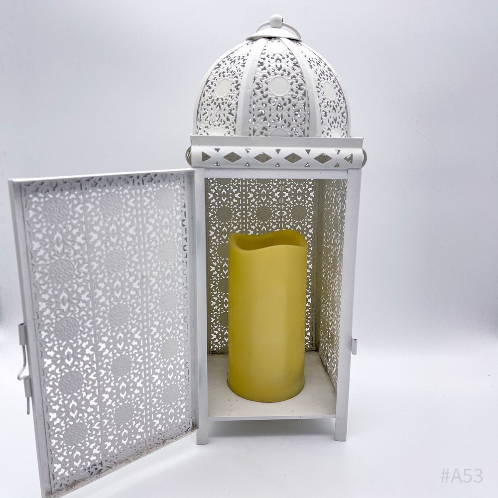 Oriental Lantern Windlight With Pattern & LED Block Candle, White, 37 cm