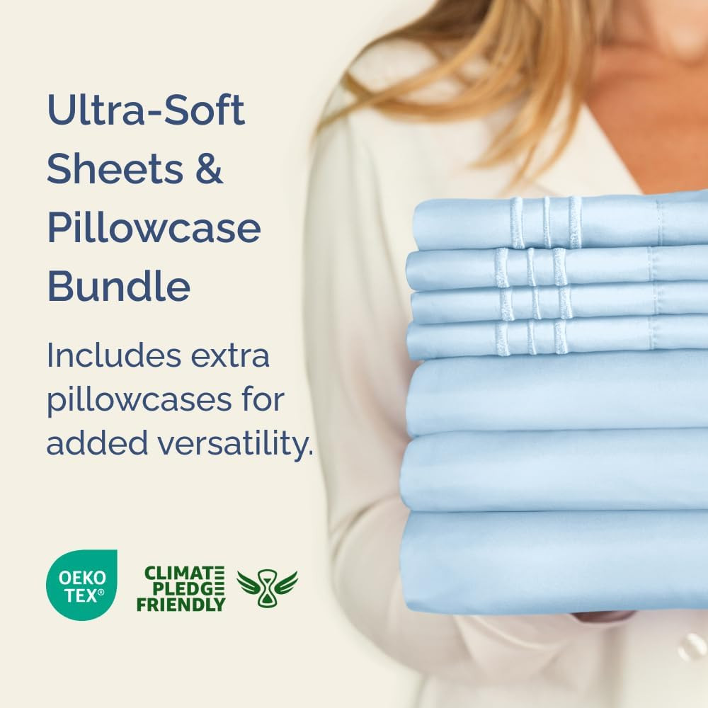 Light Blue Split King Bed Sheet Set + 2 Extra Pillowcases - Deep Pockets