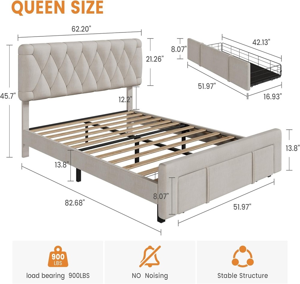Queen Size Bed Frame, Upholstered Platform Bed Frame with 2 Storage Drawers