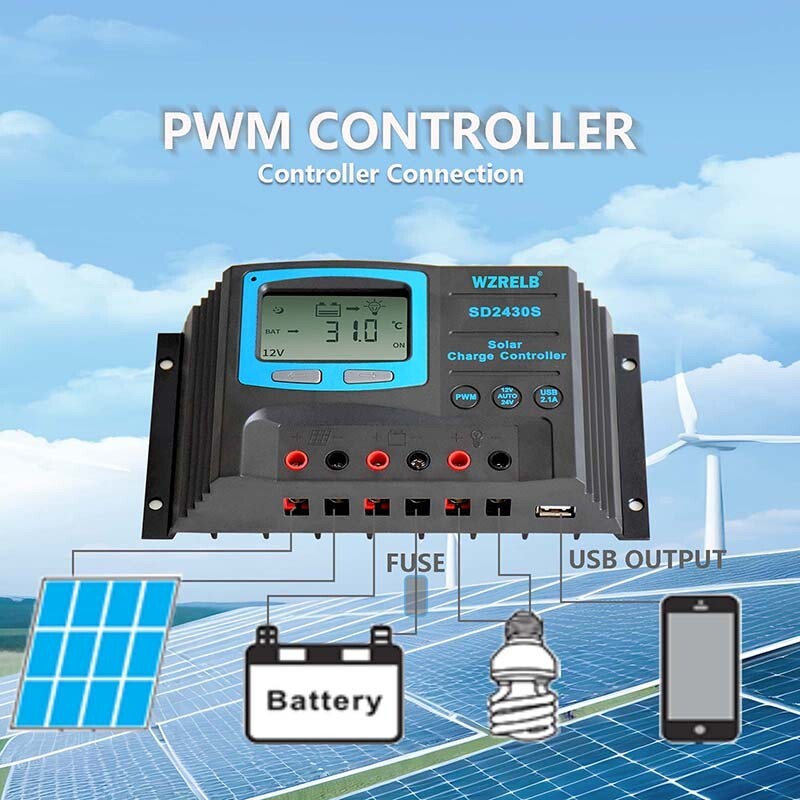PWM Solar Panel Battery Charge LCD Controller 30A 12V/24VAuto Regulator Dual USB